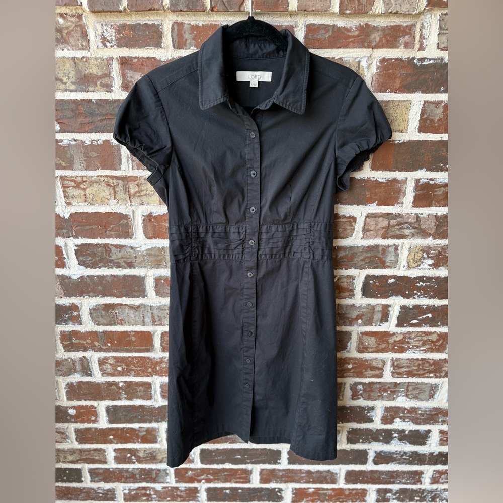 LOFT Black Cap Sleeve Pleated Waist Button Up Shirt Dress Size 6